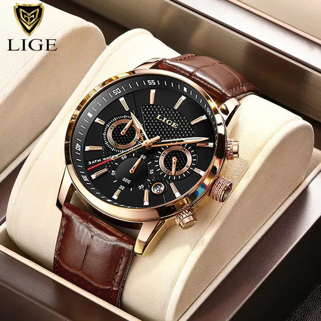 Mens Watches LIGE Luxury Leather