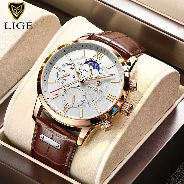 Mens Watches LIGE Luxury Leather