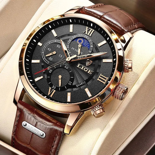 Mens Watches LIGE Luxury Leather