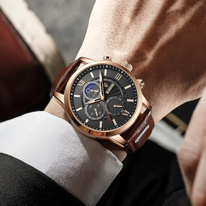 Mens Watches LIGE Luxury Leather