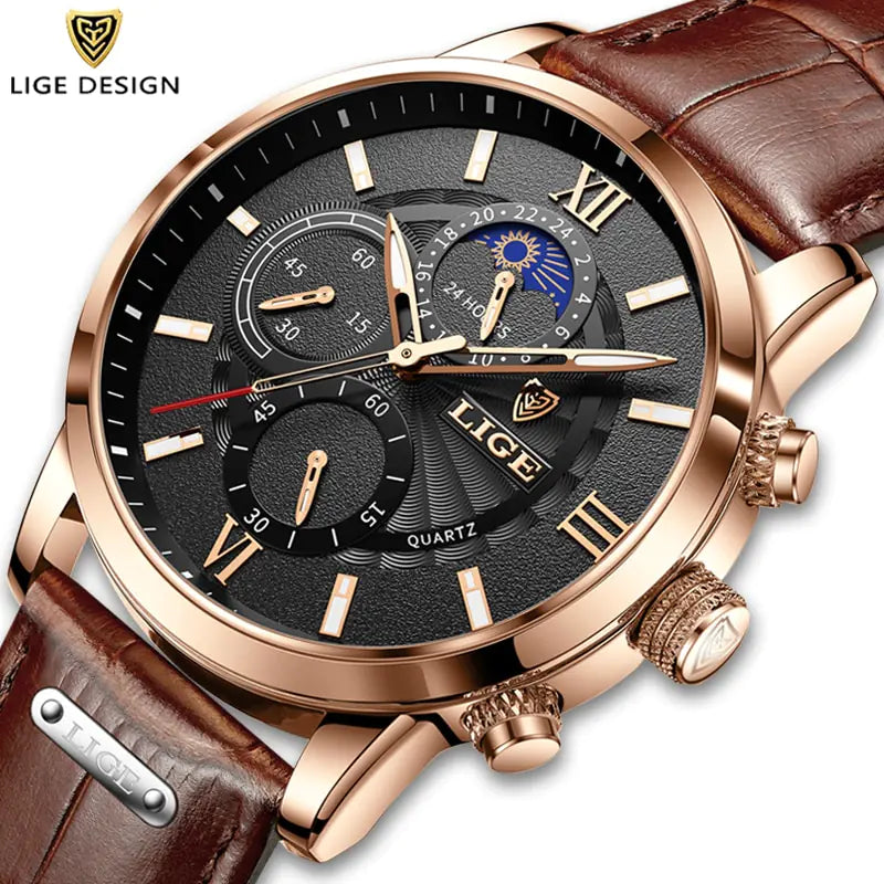 Mens Watches LIGE Luxury Leather