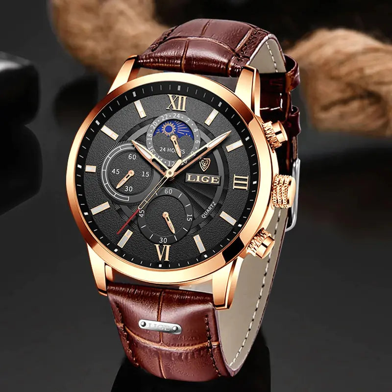 Mens Watches LIGE Luxury Leather